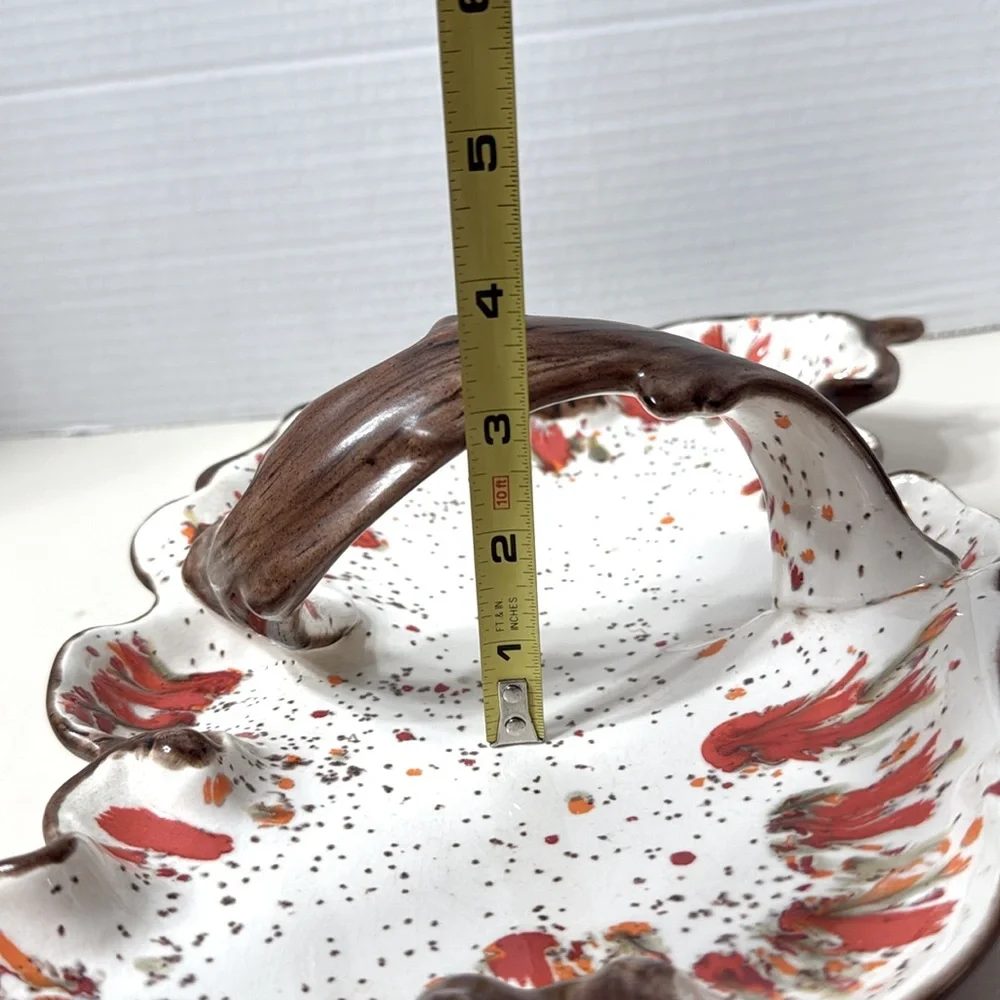 Vintage MCM Ceramic Speckled Splatter Drip Glaze Handle Autumn Leaf Dish Signed